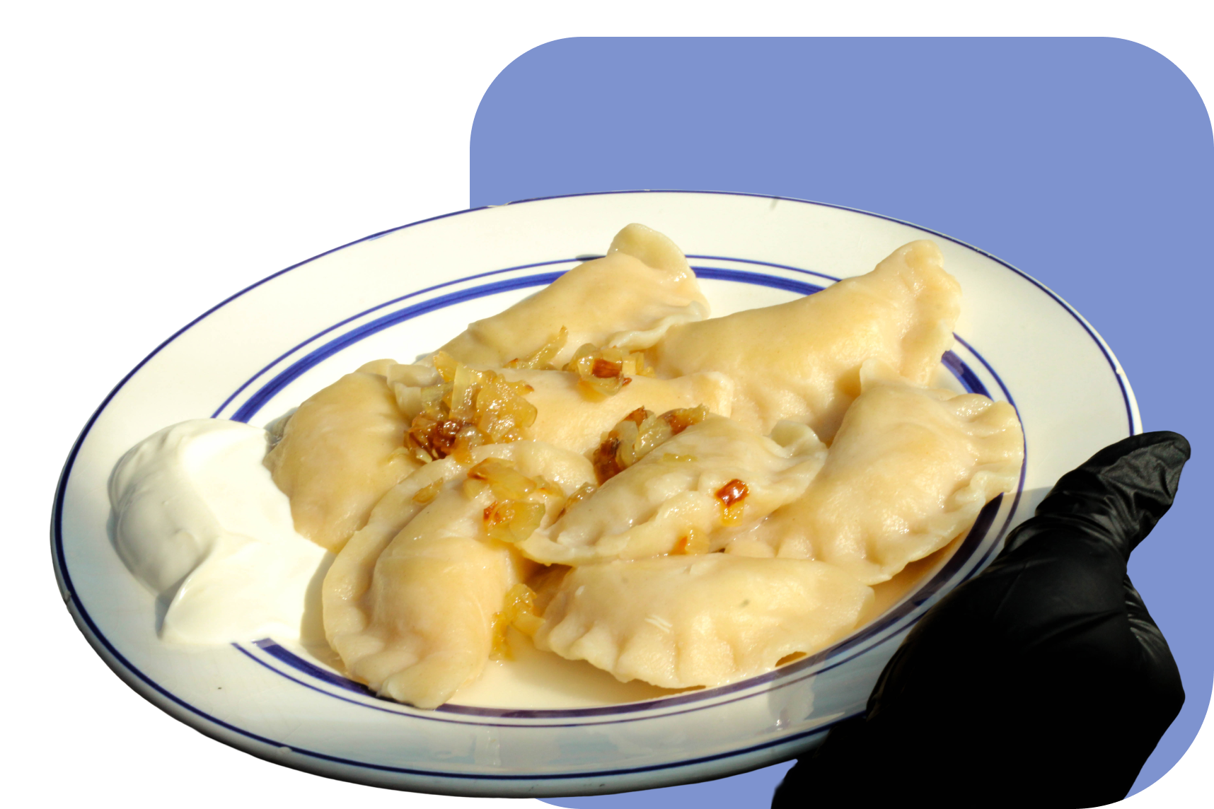 A plate of varenyky with fried onion and sour cream
